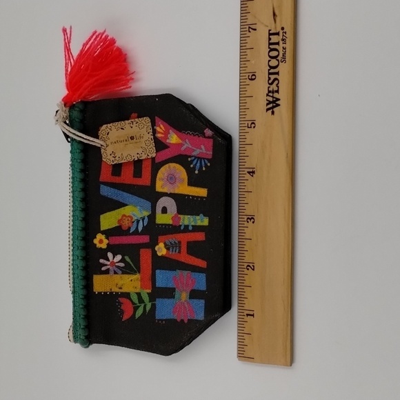 Natural Life Painted Canvas Coin Pouch LIVE HAPPY with tassel multicol… - Picture 5 of 6